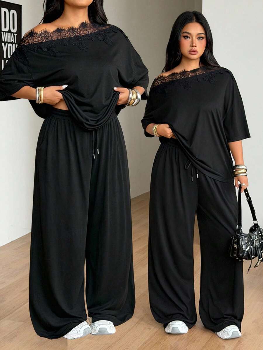 Coolane Bộ đồ 2 món nữ size lớn, áo thun trễ vai và quần nỉ ống rộng, phong cách tối giản streetwear, mặc hàng ngày, đi chơi, thể thao, thoải mái, xuân/hè - màu đen - Xem 1