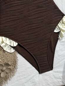 Swim Mod Traje de baño de una pieza para mujer con patrón de onda, borde con volantes, cuello en V pequeño y tirantes finos, nuevo para primavera/verano - Multicolor - Ver 6