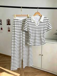 SHEIN 青少年女孩休閒運動套裝，POLO領撞色拼接設計，抓皺腰部短袖上衣，寬腿垂墜長褲，淺杏色運動套裝兼顧舒適與美感，精緻不張揚，抽繩寬腿褲配可調式鬆緊腰，撞色POLO領修飾頸部線條，夏季必備穿搭，適合居家/健身/外出 - 黑與白 - 查看 8