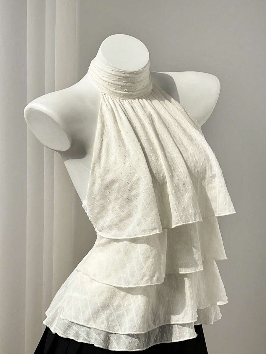Elamini 女款春夏休閒度假風荷葉邊拼接圓點布料優雅顯瘦合身海灘裝掛脖繫帶前襟上衣 - 杏色 - 查看 1