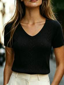 SHEIN Franclia Áo dệt kim nữ mùa hè phong cách tối giản, màu trơn, họa tiết rỗng, đa năng, mặc thường ngày, đi làm và đi du lịch - màu đen - Xem 3