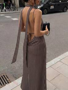 Firerie Women's New Black And White Striped Mesh Print Backless Spaghetti Strap Maxi Dress, Sexy Long High Elastic Flowing Vacation Style V-Neck Brunch Summer - Chocolate Brown - View 6