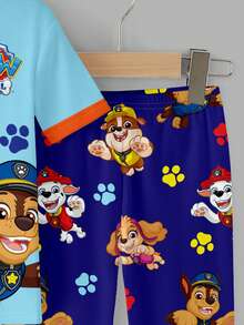SHEIN | PAW Patrol 小男孩圓領卡通印花短袖上衣與長褲休閒日常居家睡衣套裝 - 彩色 - 查看 6