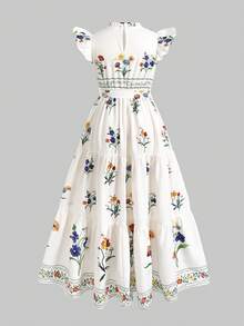 SHEIN Váy ngắn tay in độc quyền thắt nơ thời trang thanh lịch cho bé gái tuổi teen - trắng - Xem 2