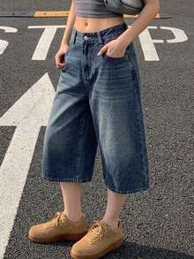 DAZY Spring Summer Cotton Blue Vintage Loose Street Style Washed Distressed Straight Leg Cropped Women's Jeans - Blue - View 5