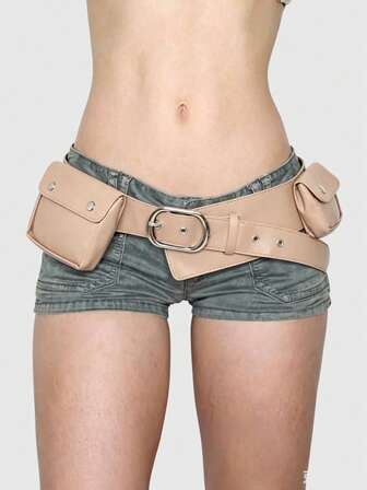 Grunge Punk Y2K Punk Style Black Metal Rivet Grommet Multi-Pocket Adjustable Metal Buckle Women Waist Bag