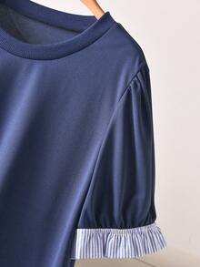 CosyJoli Women's Plus Size Round Neck Ruffle Contrast Color Striped Patchwork Sleeve Fashion T-Shirt Office Work Blue T-Shirt For Women Daily Going Out T-Shirt - Navy Blue - View 3