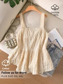 CosyJoli Top de tirantes dulce para vacaciones con dobladillo con volantes texturizado talla grande - Albaricoque - Ver 3