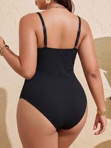 Swim Vcay Baju Renang Terusan Wanita Ukuran Besar untuk Musim Panas, Motif Garis Vertikal, Desain Leher V dengan Tali Bahu Tipis, Cocok untuk Liburan Pantai, Warna Putih - Hitam - View 2