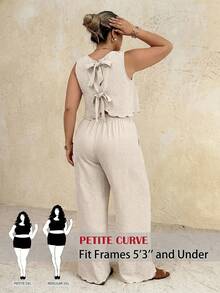 SHEIN PETITE CURVE 大码女式纯色圆领上衣和裤子休闲日常两件套 - 杏色 - 查看 2