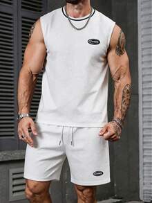 Manfinity Joysei Men's Knitted Jacquard Solid Color Textured Ribbed Collar Sweater Vest Set, Holiday - White - View 3