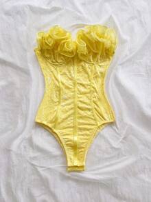 Soleia 春夏度假誇張荷葉邊平口女款連身衣，適用於派對、假期、約會、下午茶、度假、音樂節、海灘，波西米亞風鉤編亞麻夏日穿搭 - 淡黃色 - 查看 4