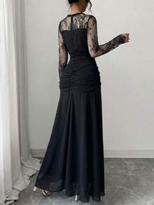 Modelyn French Design Lace Patchwork Bow Long Dress For Women - Black - View 2