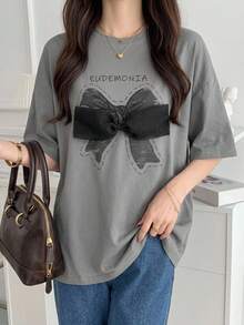 DAZY Women's Round Neck Short Sleeve T-Shirt With Bow Decoration Cute Tops,Graphic Tees - Grey - View 7