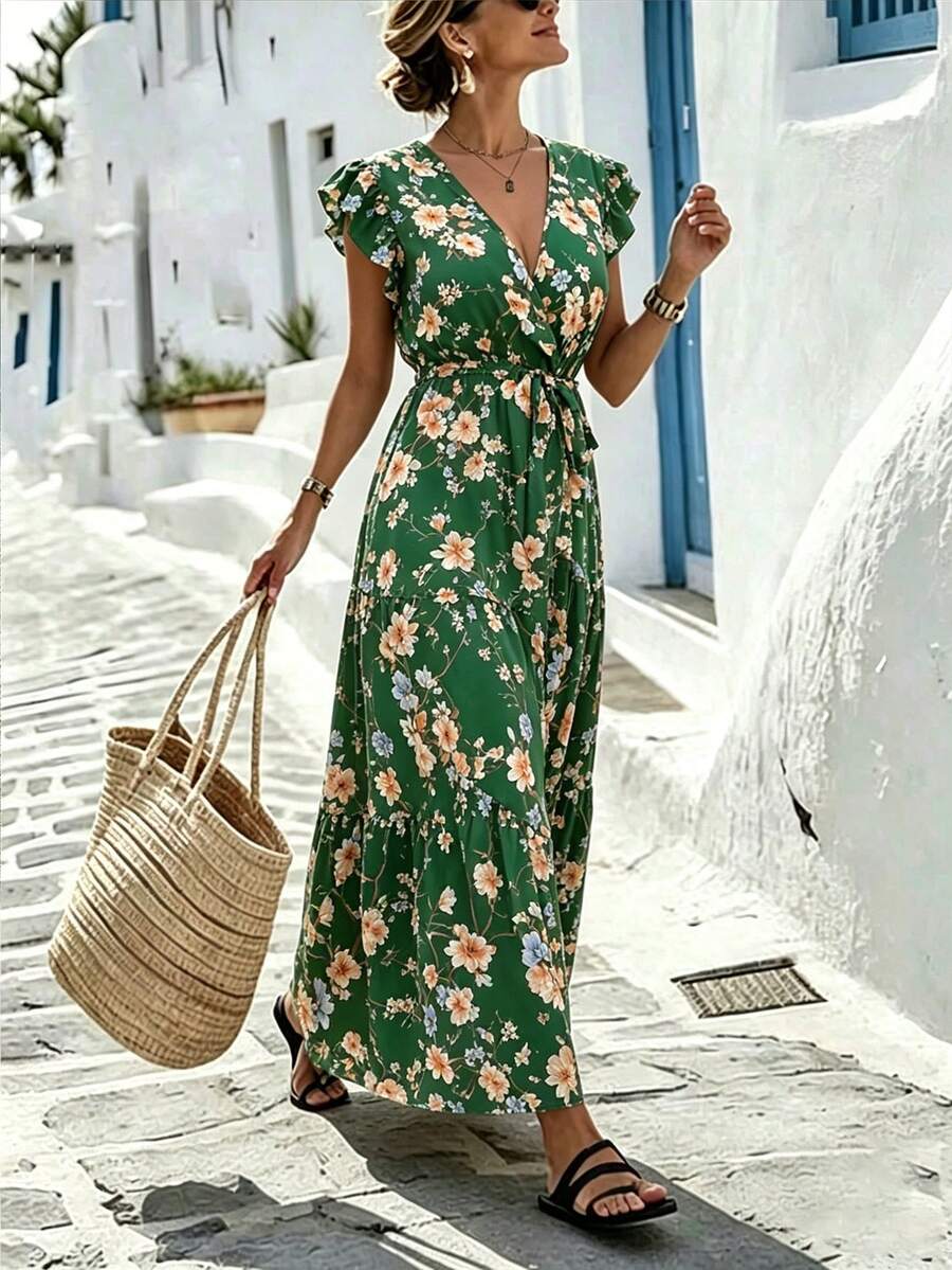 Breezaya Plus Size Summer V-Neck Floral Ruffle Hem Vacation Style Midi Dress Maxi Women Outfit Vacation Emerald Green Boho - Green - View 1