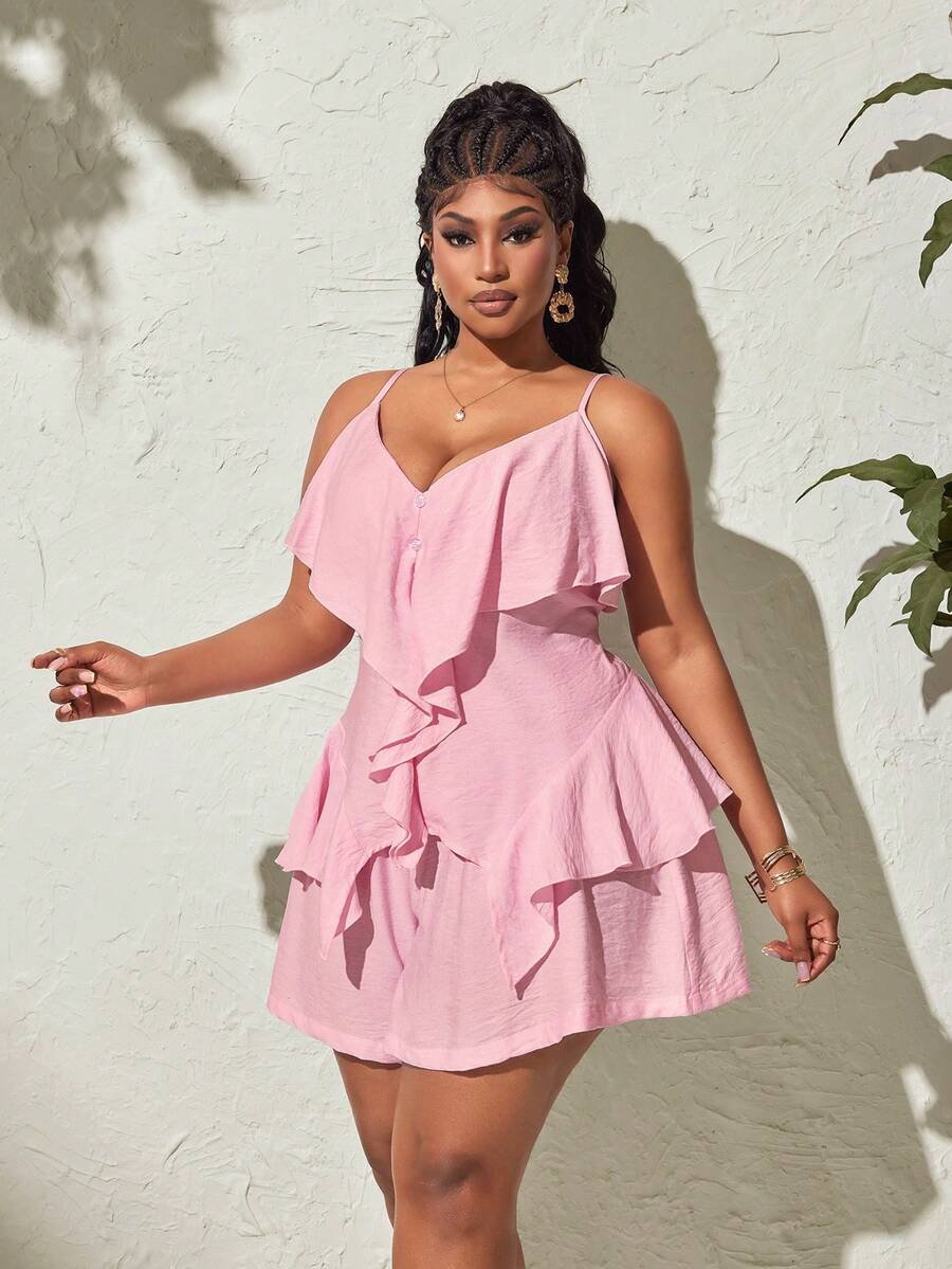 Maweii Plus Size Sexy Elegant Celestial V-Neck Ruffle Asymmetric Camisole Top Shorts 2 Pieces Set Vacation Party Pink Summer - Pink - View 1