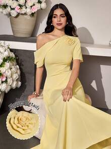 Modelyn 春夏季不對稱肩部抓皺腰部3D花卉極簡主義女款洋裝 - 黃色 - 查看 2