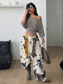 Coolane 女款四季街頭風時尚休閒節慶舒適黑色寬鬆不對稱領短版T恤 - 棕色 - 查看 3