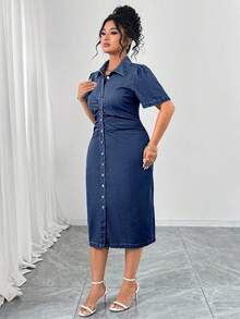 Elenzga Vestido de moda elegante de talla grande con color claro lavado - Azul lavado medio - Ver 4