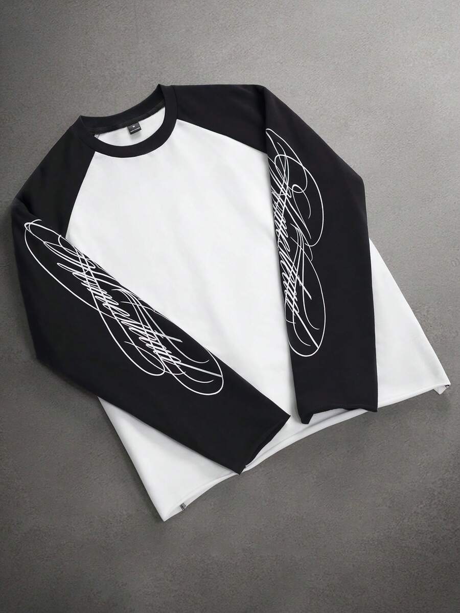 STYNVO Men's Color Block Round Neck Long Sleeve T-Shirt - Black and White - View 1