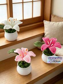 1pc Mini Cute Lily Flower Pot Knitted Plant Desktop Decoration Wedding Guest Gift Mother's Day Gift For Favorite Mom Room Decor Home Decor Ornaments Home Miniature Things - Multicolor - View 1