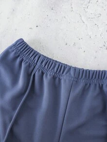 SHEIN Mirajuku 青少年男孩純色短袖T恤與短褲套裝，適合休閒運動穿著 - 藍色 - 查看 5