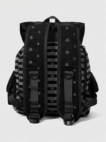 ROMWE Anime Punk Academy Wind Wings Kitten Badge Decorative Striped Stars Backpack Fashion Casual Unisex Large Capacity Backpack Suitable For Commuting, School - Star gray - View 3