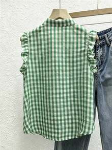 SHEIN 女士格子无袖休闲衬衫 - 綠色 - 查看 2