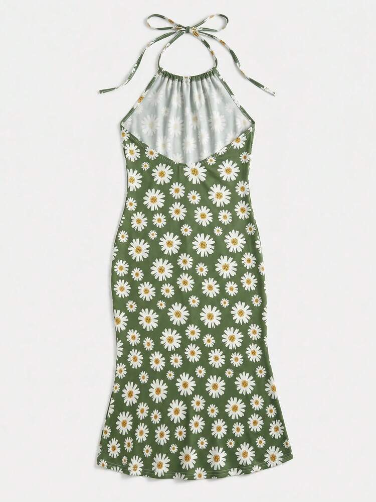 Green Daisy Jersey Bodycon Dress With A Halter Neckline And Open Back Vacation Summer Holiday Casual