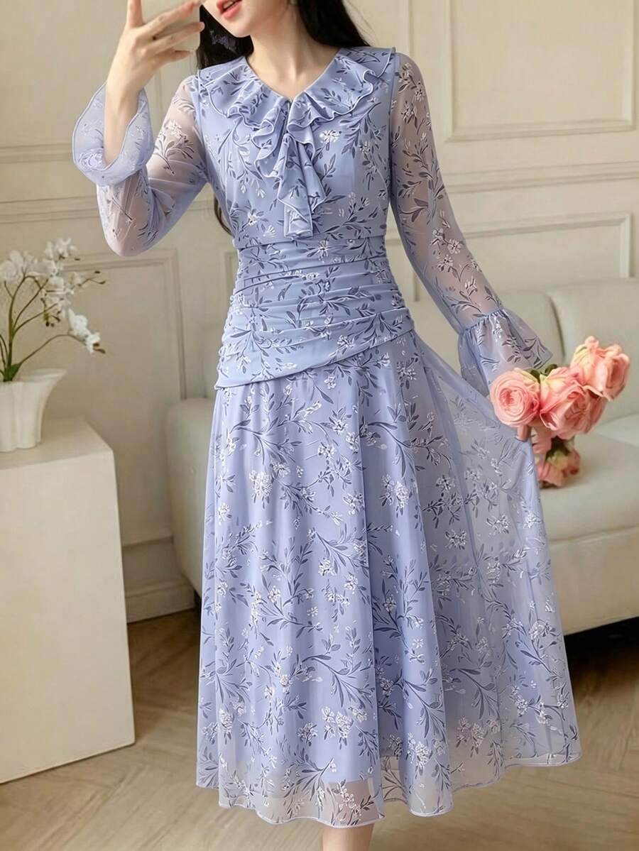 Modelyn 优雅浪漫印花长裙,适合外出穿着 - 藍色 - 查看 1