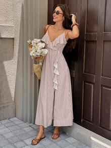 Serisse Women's Brown And White Ruffle Hem Slit Design Casual Coastal Elegant Tropical Party Beach Vacation Midi Strap Dress Summer - Multicolor - View 5