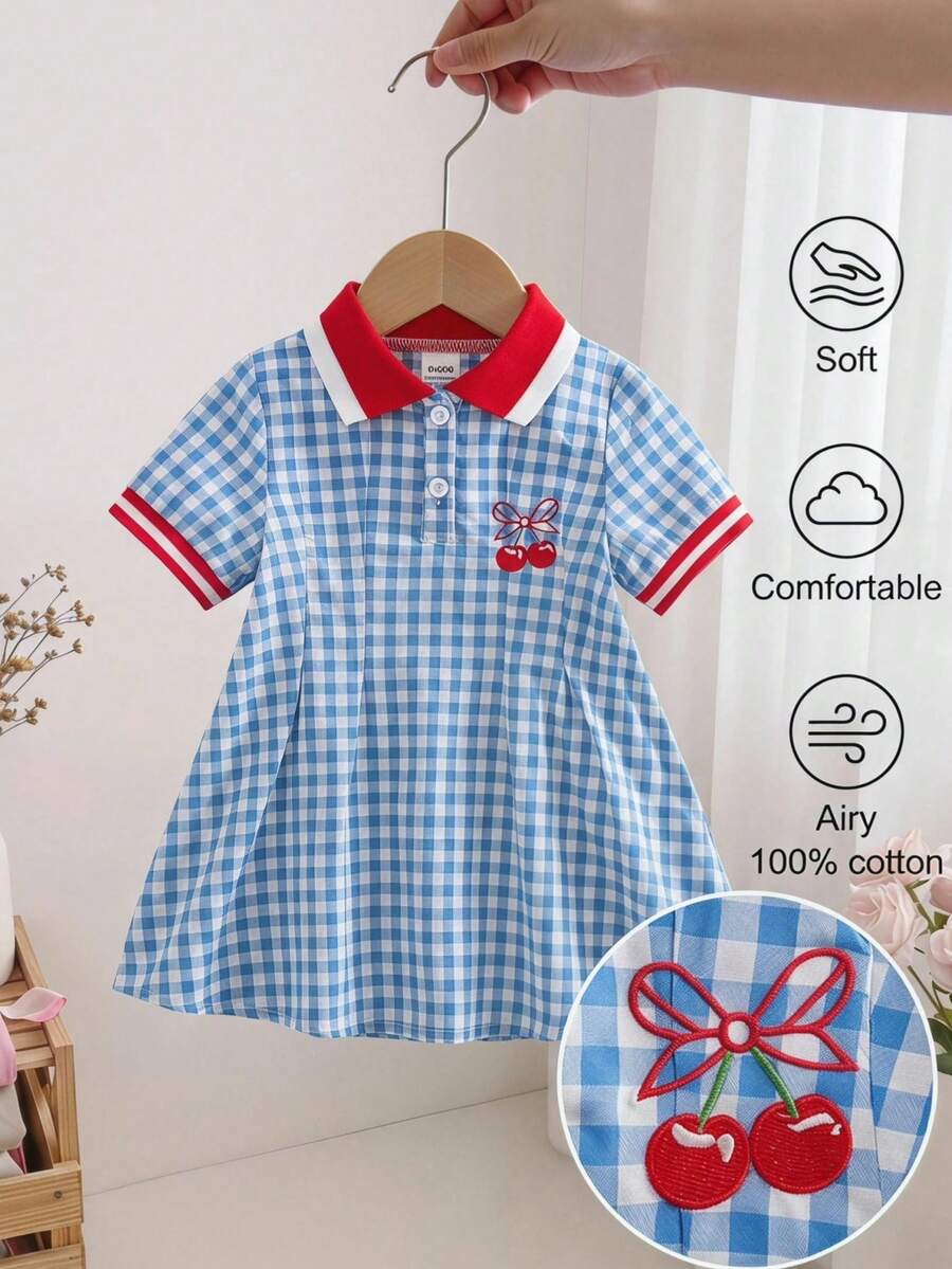 SHEIN 女嬰藍色格紋休閒洋裝 1 件組，羅紋領口、羅紋袖口，適合外出、運動與派對