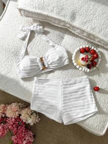 Swim Mod Women's Cute Vacation Pink Striped Halter Neck Swimsuit Set - White - View 3