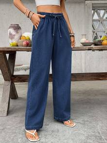SHEIN Tall 休閒水洗直筒牛仔長褲 - 藍色 - 查看 5