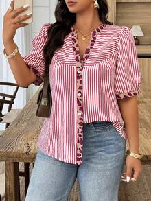 Weeklong Plus Size Women's Spring/Summer Notch Neck Striped Patchwork Leopard Print Casual Vacation Shirt - Multicolor - View 4