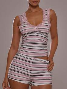 MUSERA ESSENTIALS Pink Multi Colour Stripe Lace Trim Ruched Bow Detail Bust Cami Vest Top With Fitted Bow Detail Mini Short Boyshort Boxer Coord Sold As 2 Piece Set - Black and Pink - View 2