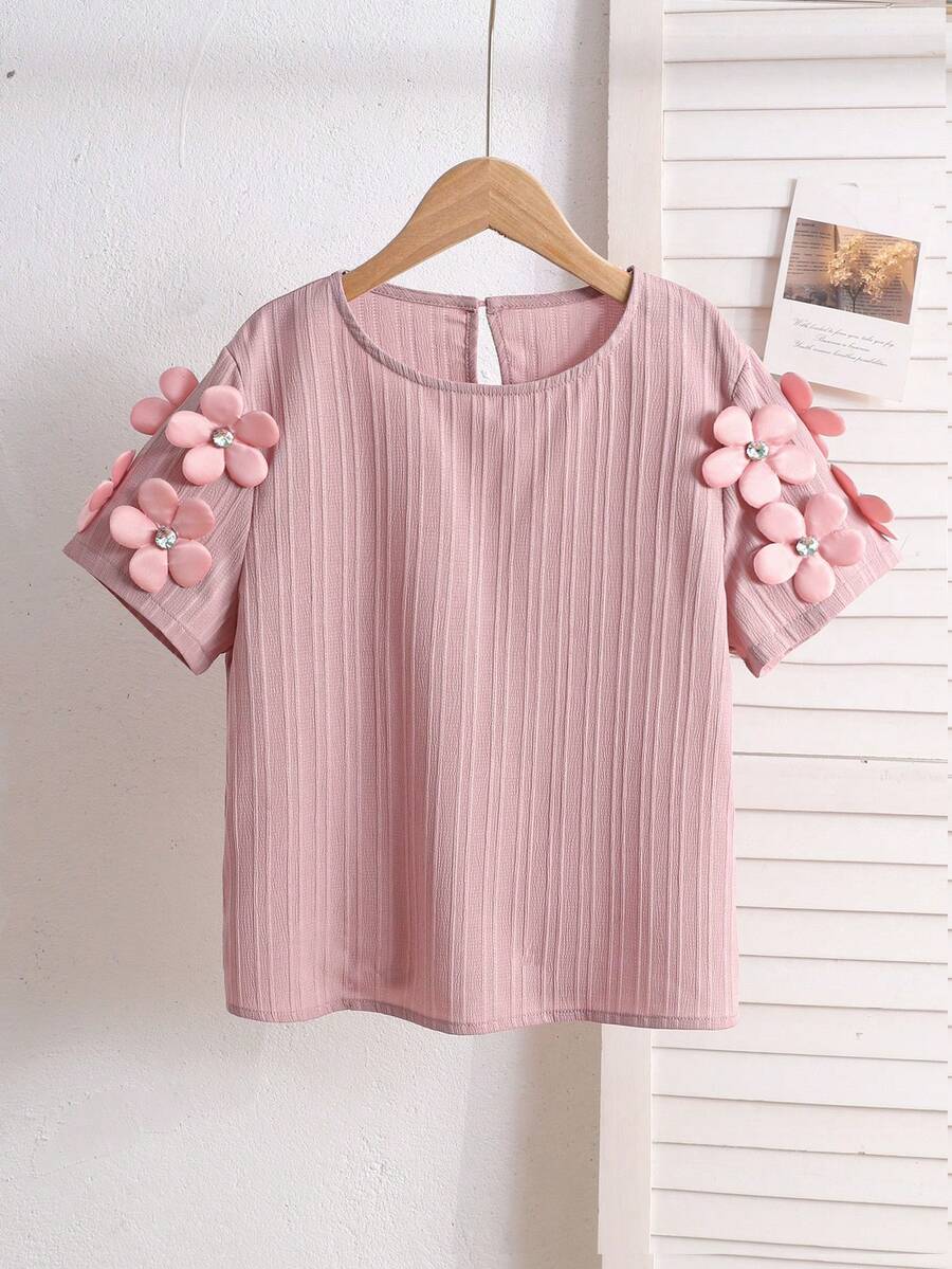 SHEIN 青少年女孩休閒優雅度假風手工3D花朵裝飾圓領短袖修身針織T恤上衣,返校季 - 粉色 - 查看 1