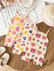 [RANDOM 4 PCS SEND 1 Pc]Baby Girls Beige Summer Casual Cute Family Matching Khaki Mallard Brown Leopard Bow Cartoon Rabbit Suspender Romper Outfits - Multicolor - View 10