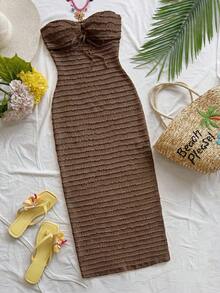 Vestido de mujer a rayas con frente plisado y lazo, atuendos de playa y vacaciones, atuendos de primavera y verano para mujeres - Café integral - Ver 3