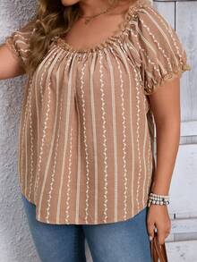 EMERY ROSE Women's Plus Size Lace Patchwork Textured Fabric Khaki Pullover Round Neck Blouse, Summers Country Concert - Coffee Brown - View 5