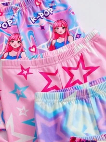 6件套女童可爱独角兽爱心卡通印花柔软针织弹力圆领短袖上衣和短裤睡衣套装，休闲舒适日常穿着（随机发货2套） - 彩色 - 查看 4