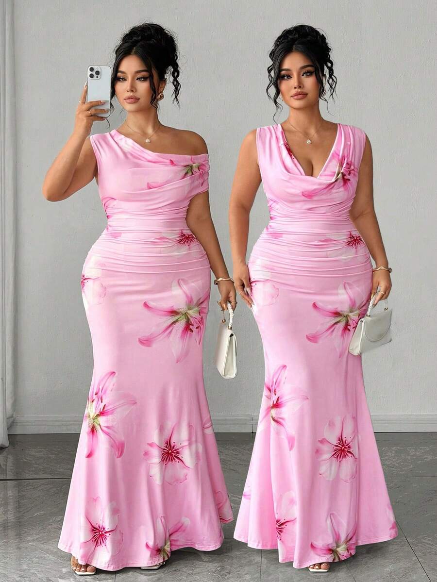 Elenzga Große Größen Damen gestricktes elegantes Kleid mit tiefem Ausschnitt, ärmellos, seitlich gerafft, körperbetont, Soft Pink Blume Muster - Pink - Übersicht 1