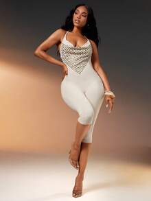 Denimoi Studded Halter Capri Jumpsuit Sexy GNO Dinner Summer Vacation Concert Outfits Party Night Out Club White Glitter - Apricot - View 4