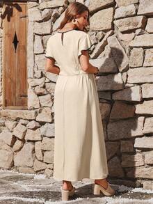 Boho Mama Maternity Vacation Piped Round Neck Batwing Sleeve Casual Dress - Apricot - View 4