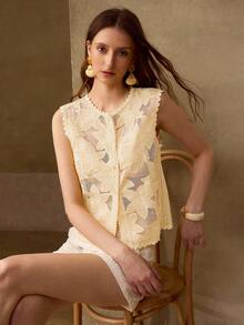 MOTF PREMIUM WOMEN'S EMBROIDERED FABRIC PATCHWORK SLEEVELESS BUTTON FRONT TOP - Apricot - View 4