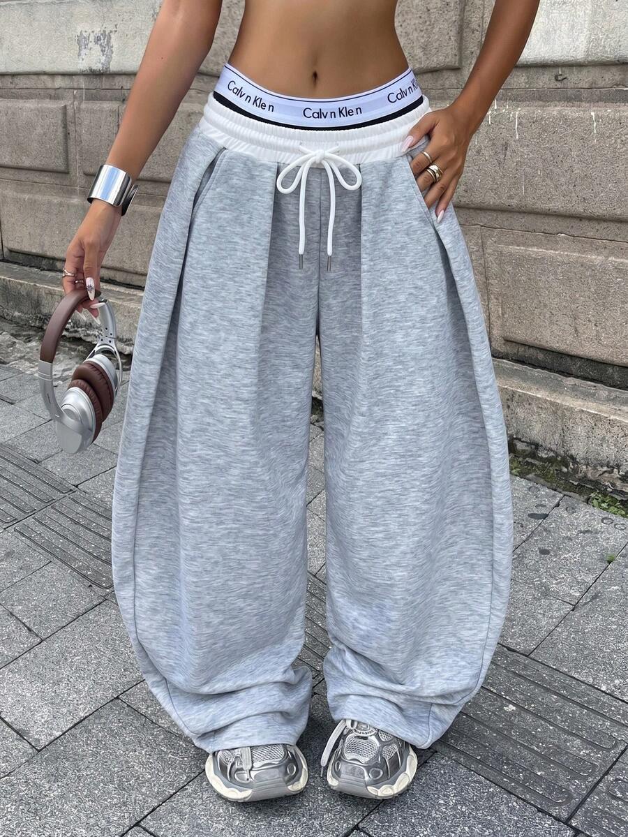 Coolane 女款秋季街頭風基本日常穿搭外出機場造型休閒灰色低腰寬鬆香蕉褲 - 灰色 - 查看 1