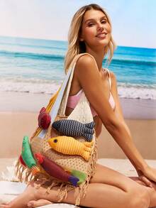 Swim Mod Bolso de mano de tejido hecho a mano, bolso de gran capacidad de punto multicolor, nueva bolsa de transporte 2025 - Multicolor - Ver 3