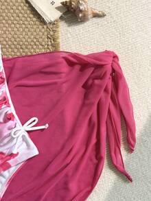 SHEIN 青少年女孩春夏白色細肩帶一件式泳衣，花卉印花、抽褶腰部與裙擺設計，度假休閒沙灘泳裝套裝 - 玫紅色 - 查看 3