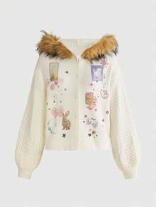 ROMWE Kawaii Women's Y2K Open Front Hooded Plush Patchwork Printed Knit Sweater, Cute And Fashionable - Beige - View 1