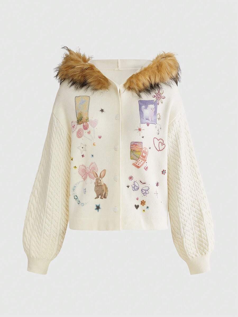 ROMWE Kawaii Women's Y2K Open Front Hooded Plush Patchwork Printed Knit Sweater, Cute And Fashionable - Beige - View 1